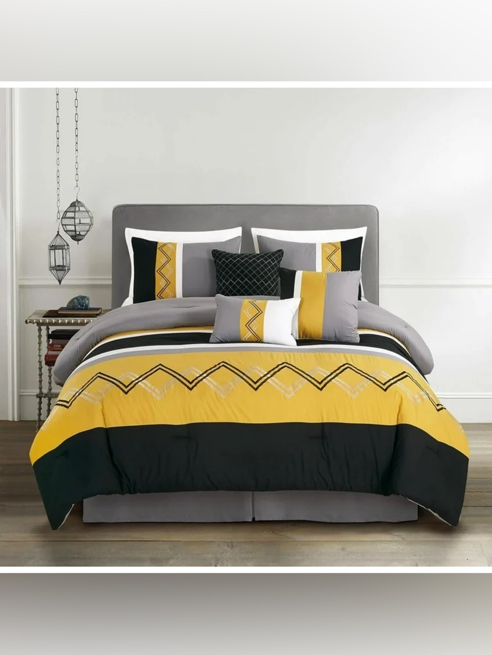 Modern Geo Stripe Yellow and Gray Queen 3 piece Comforter Set